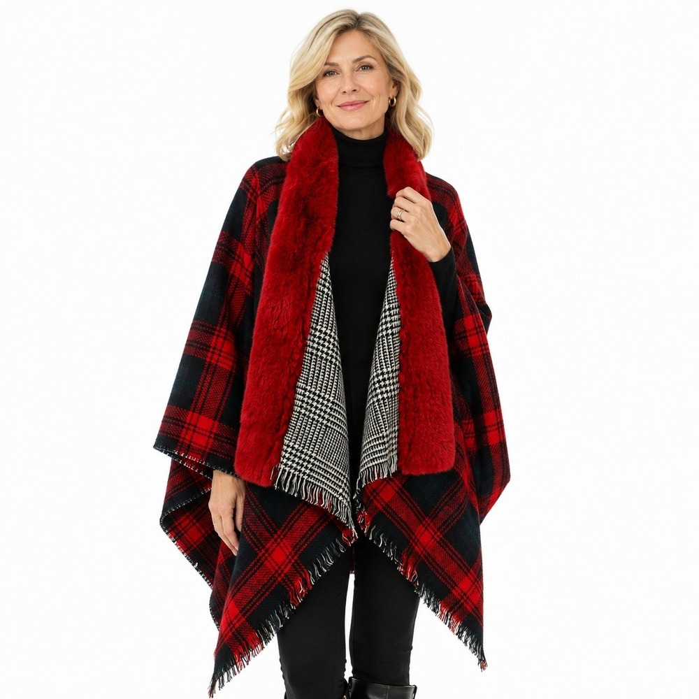 Adrienne Vittadini Poncho OS Red Plaid Houndstooth Faux Fur Collar Holiday Boho